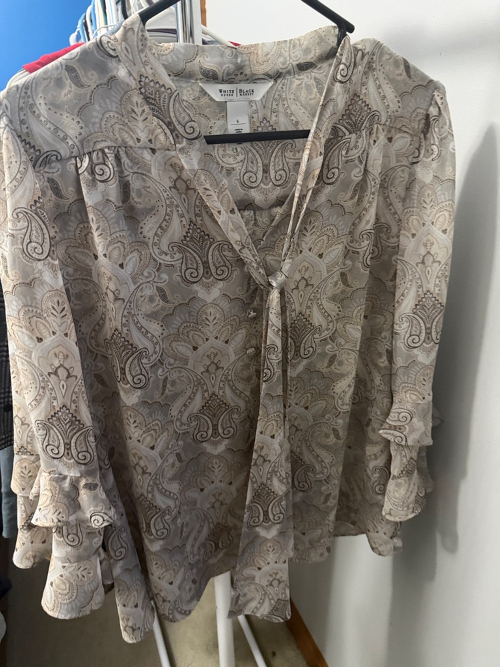 White House Black Market Beige Paisley Tie-Neck Blouse